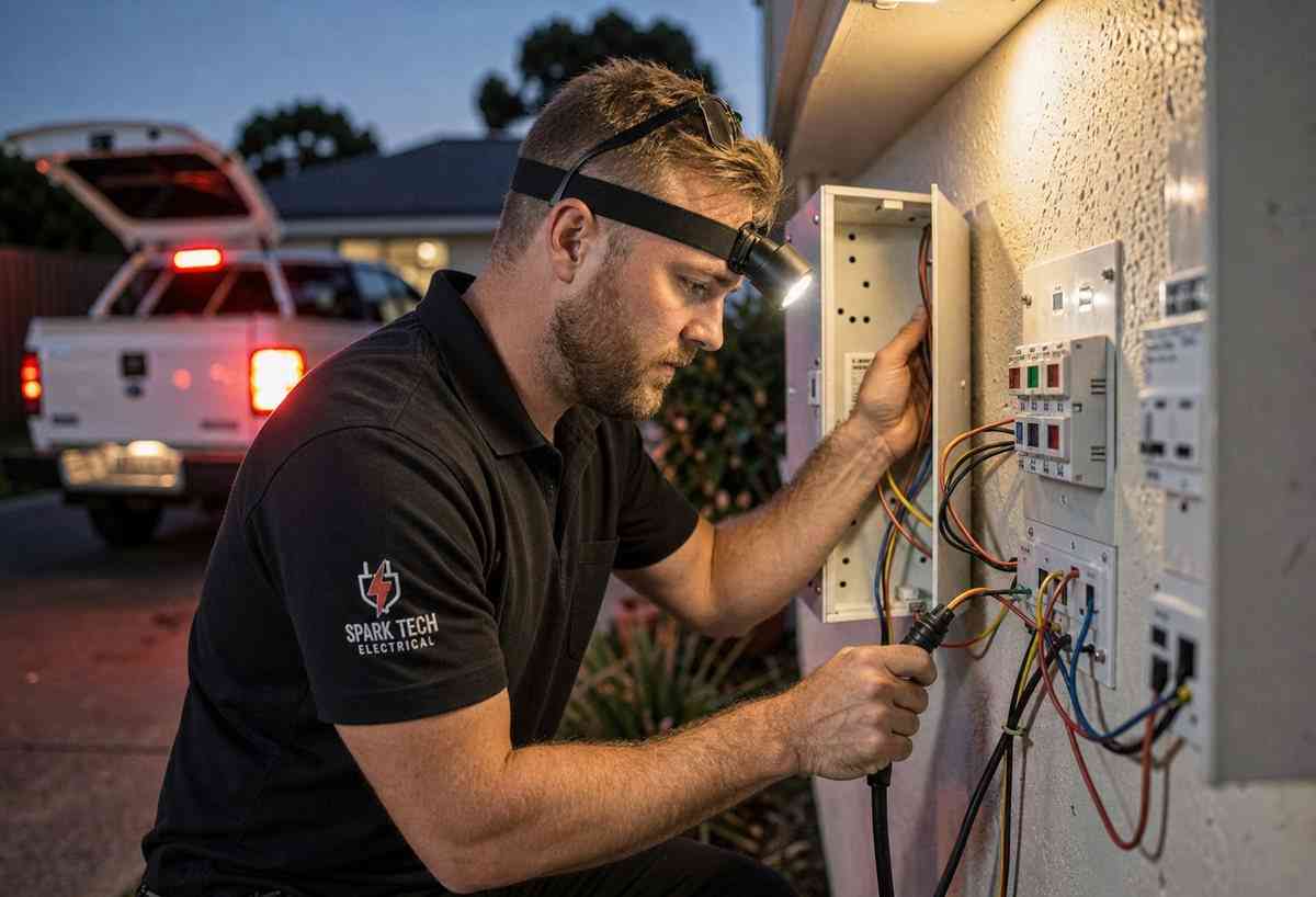 Emergency electrician working on a switchboard at night in Perth